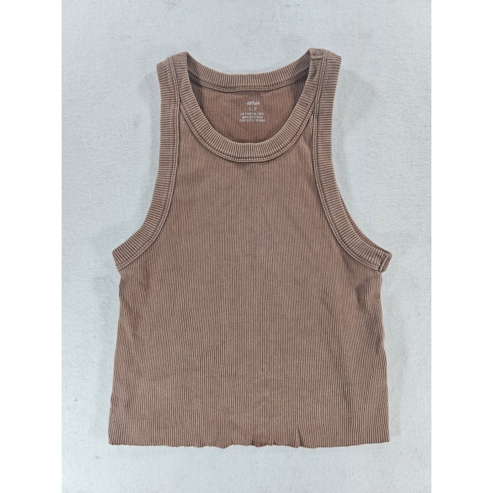 Aerie Distressed Ribbed High-Neck Crop Tank S Brown Tan